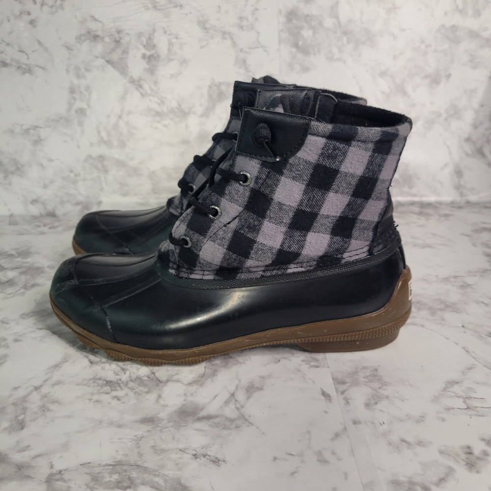 Sperry Saltwater Duck Boots Womens Black Grey Buffalo Plaid‎ Flannel